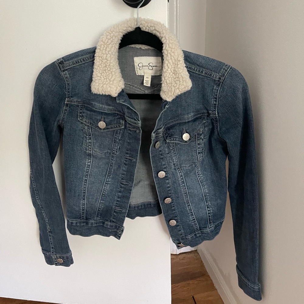 Jessica Simpson Blue Denim Jacket with Cream Sherpa Collar